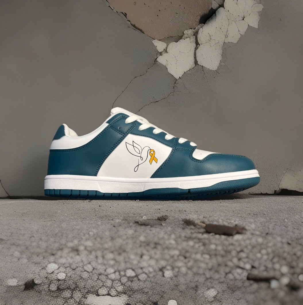 Blue and White Sneaker with Proud YellowRibbonShoes Logo.